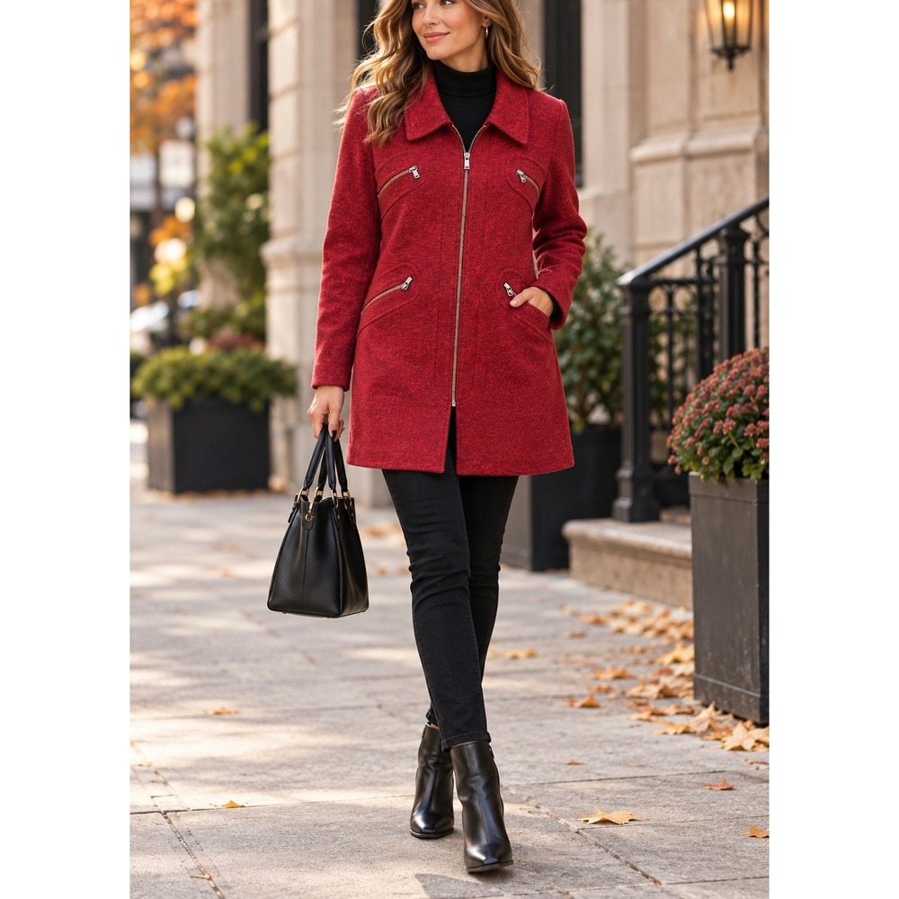 NIC+ZOE Womens Red Moto Full Zip Utility Coat Jacket Size M Heathered Collared
